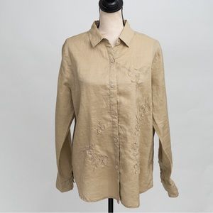John Paul Richard neutral tan button down with floral appliqués & needlepoint L